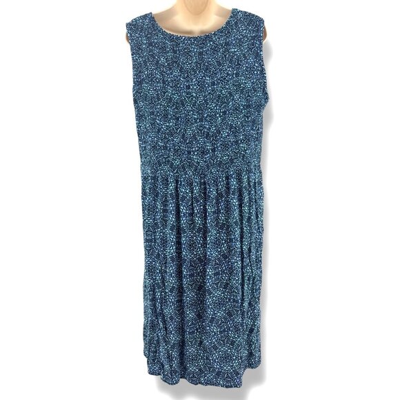 Croft & Barrow Blue Print Smocked Bodice Midi Dress Size 1X 16 18 Plus Sz Summer - Picture 3 of 8